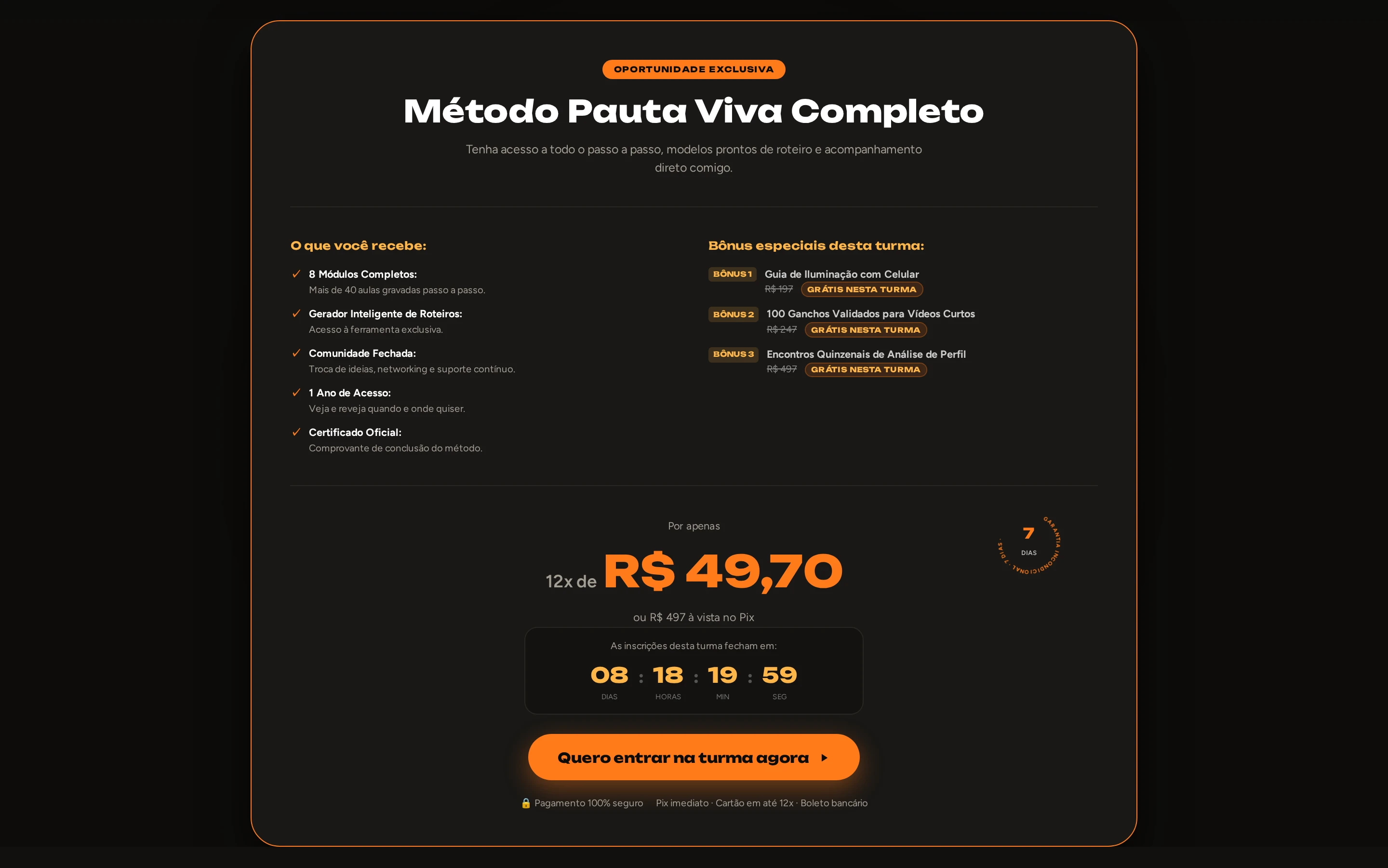 Seção de oferta do curso de exemplo com bônus, contagem regressiva e garantia