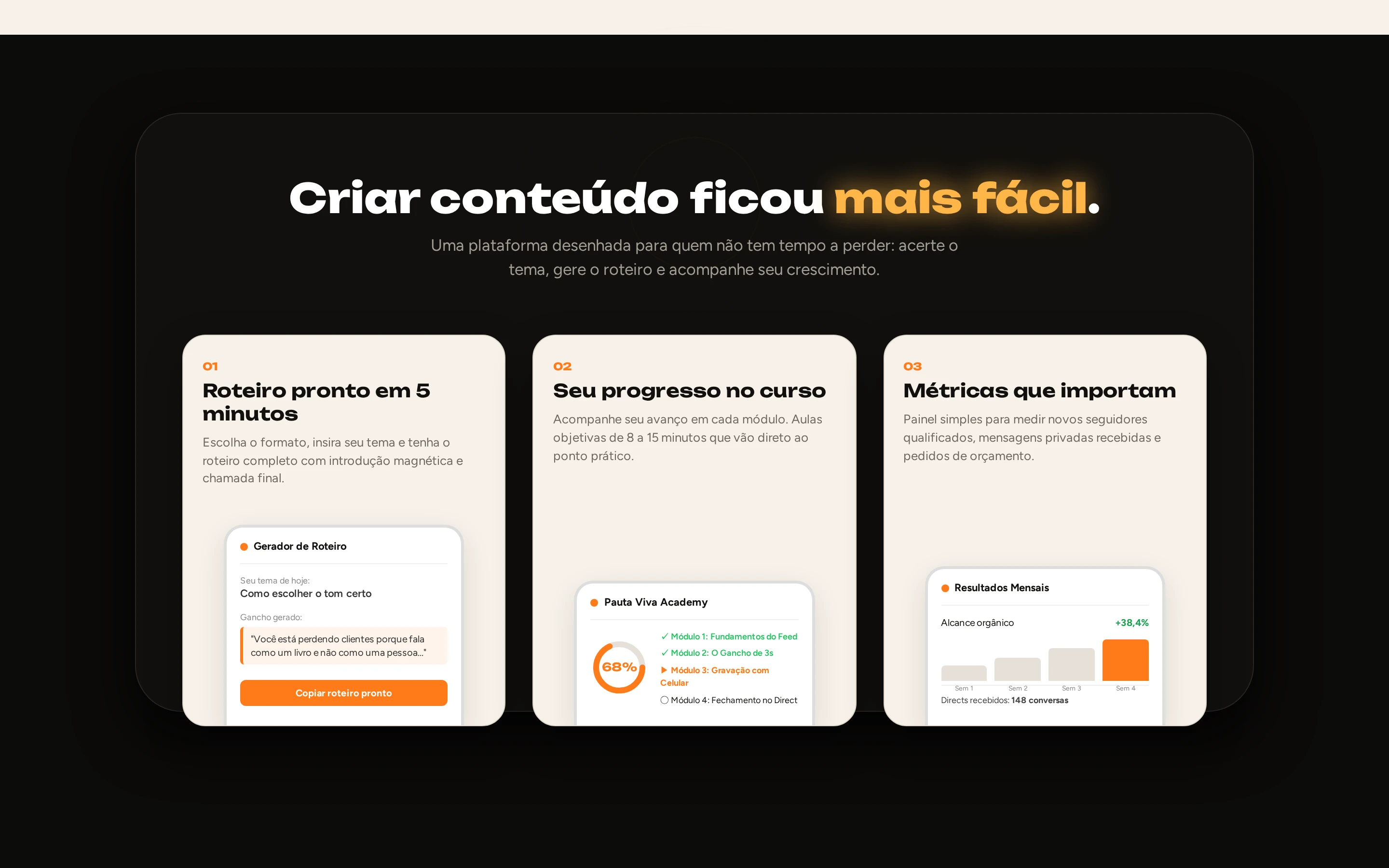 Seção com módulos e diferenciais do curso de exemplo