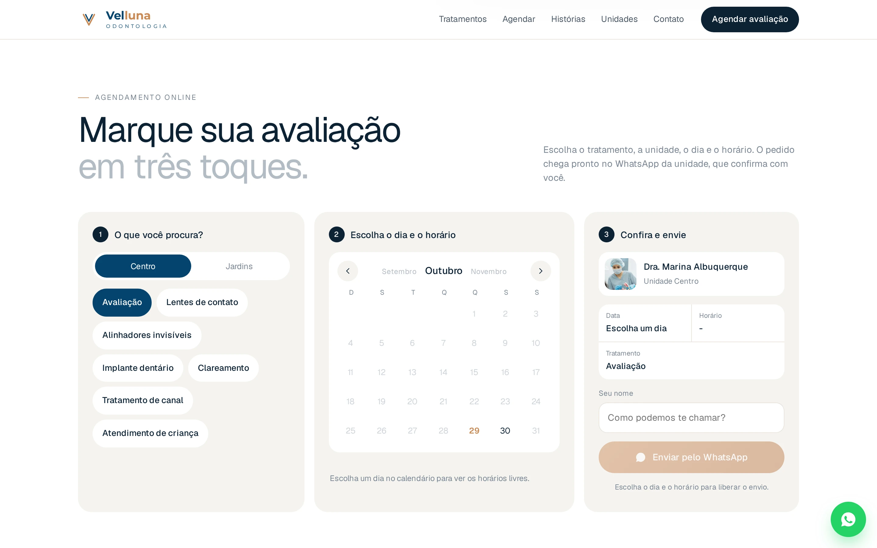 Agendamento de avaliação do site de exemplo com tratamento, unidade, dia e horário