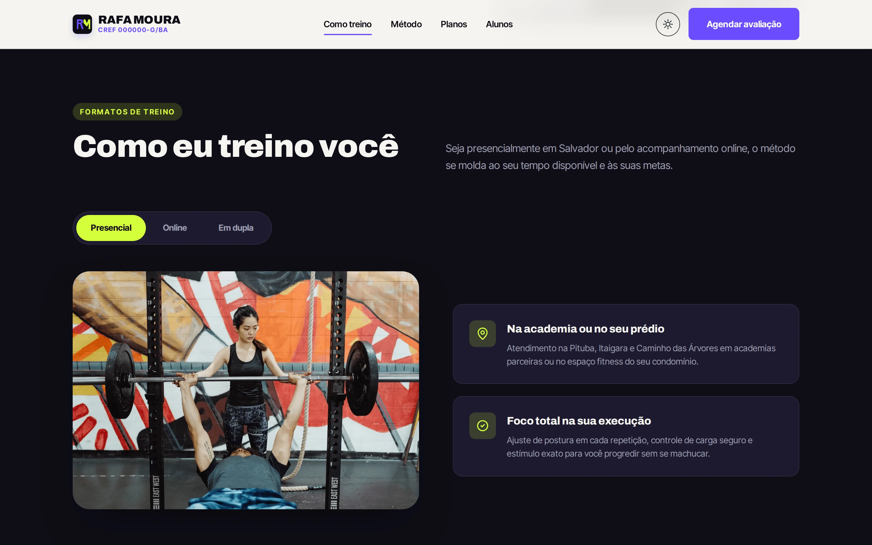 Seção Como eu treino você do site de exemplo do personal trainer Rafa Moura