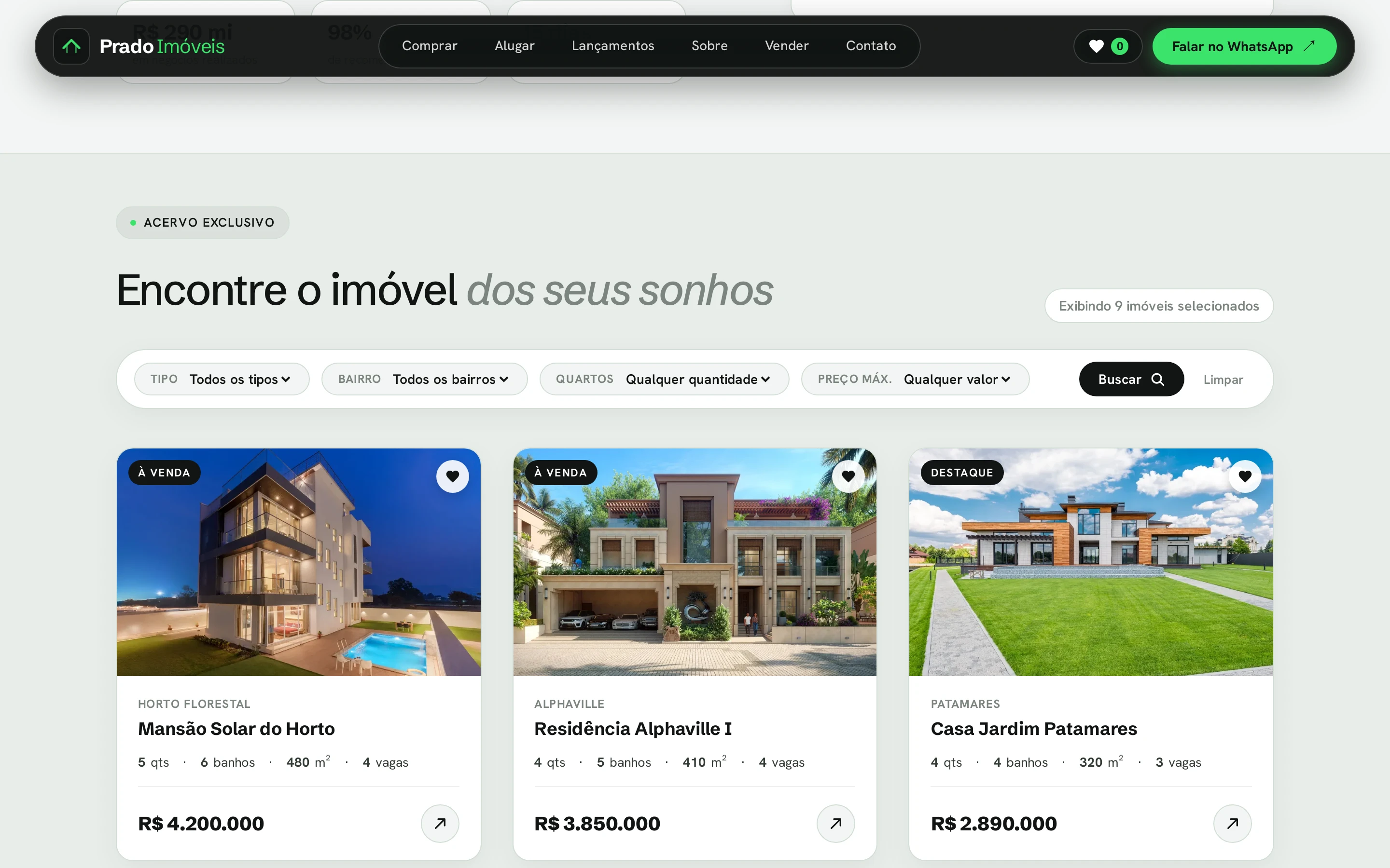 Catálogo do site de exemplo com filtros de tipo, bairro, quartos e preço