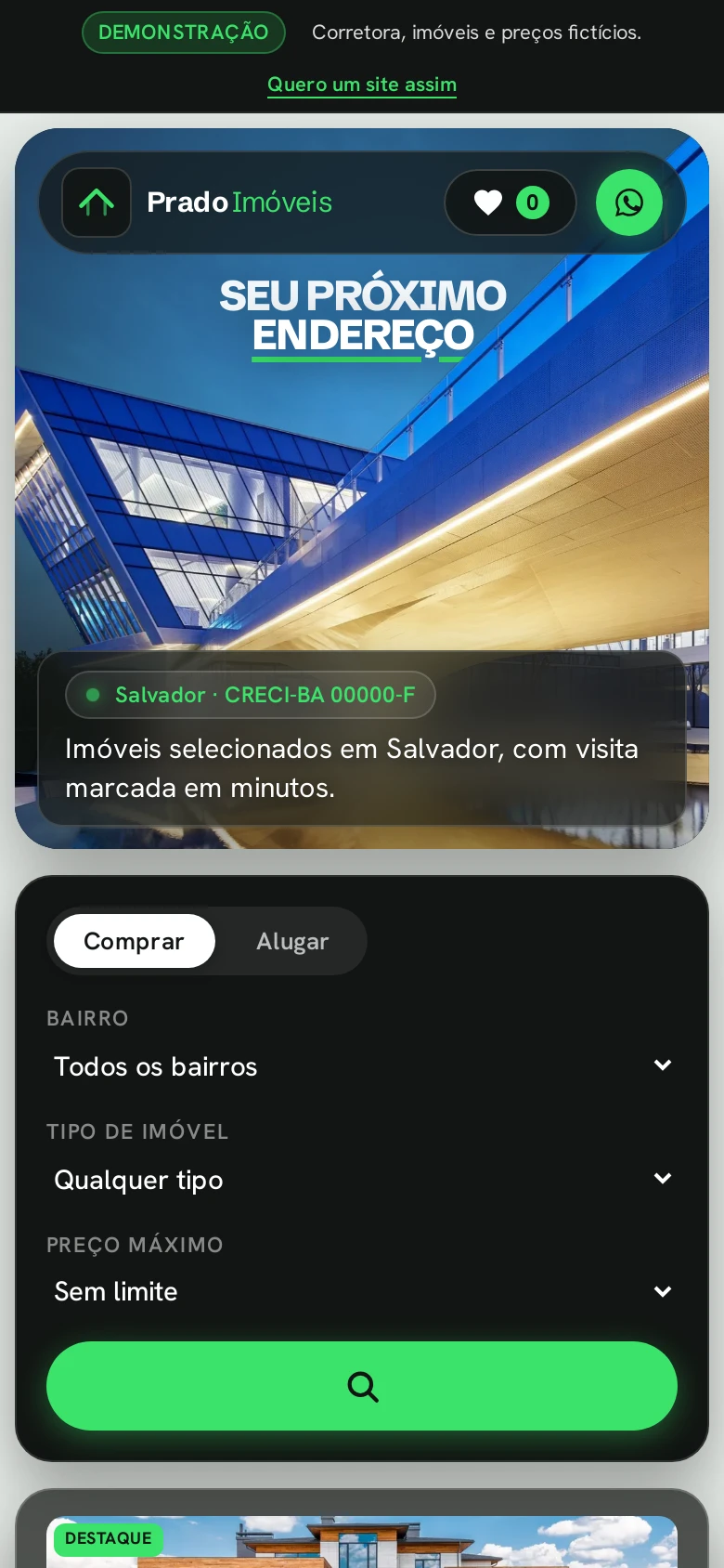 O mesmo site aberto no celular, com a busca logo abaixo da foto