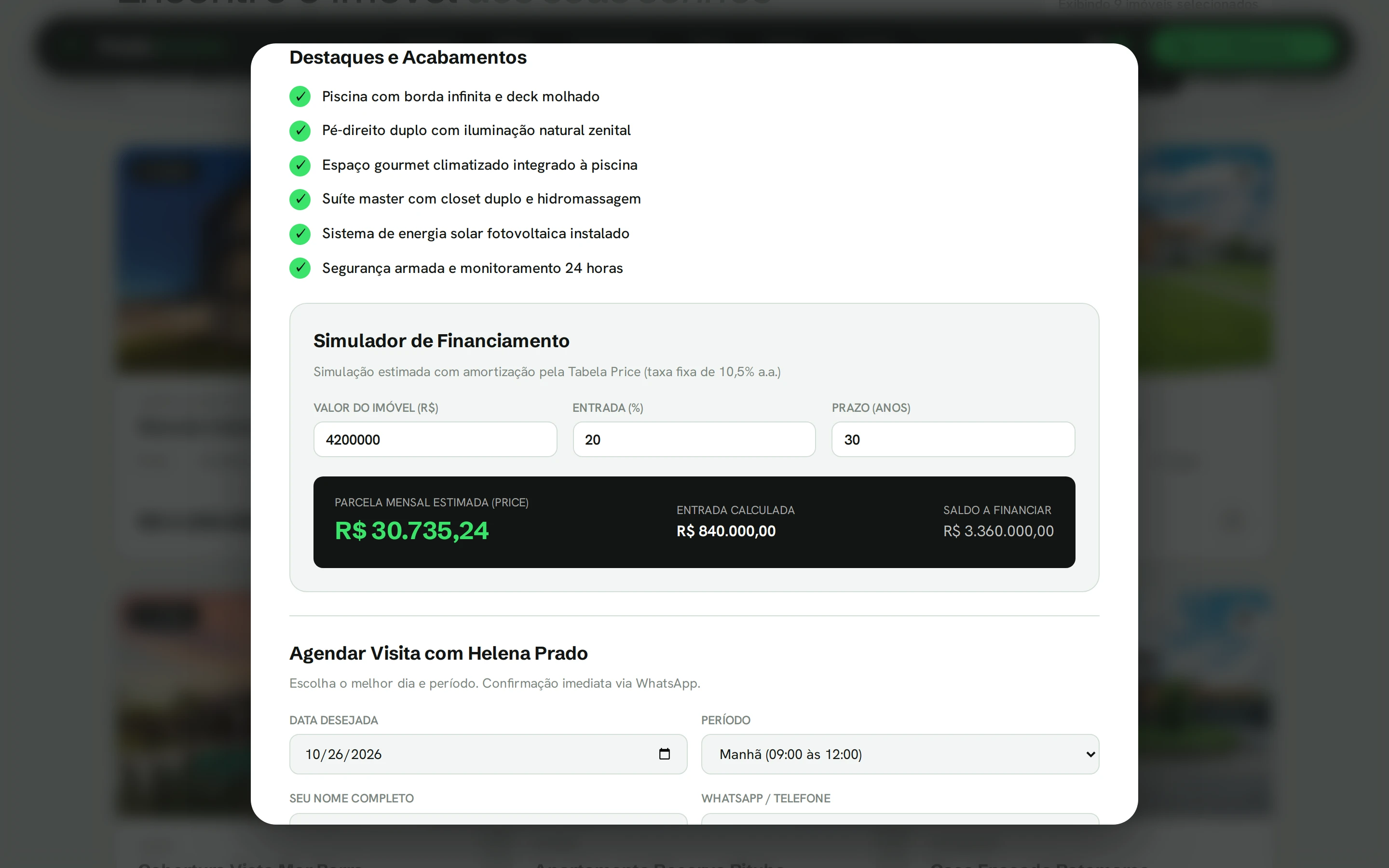 Ficha do imóvel no site de exemplo com simulador de financiamento e agendamento de visita