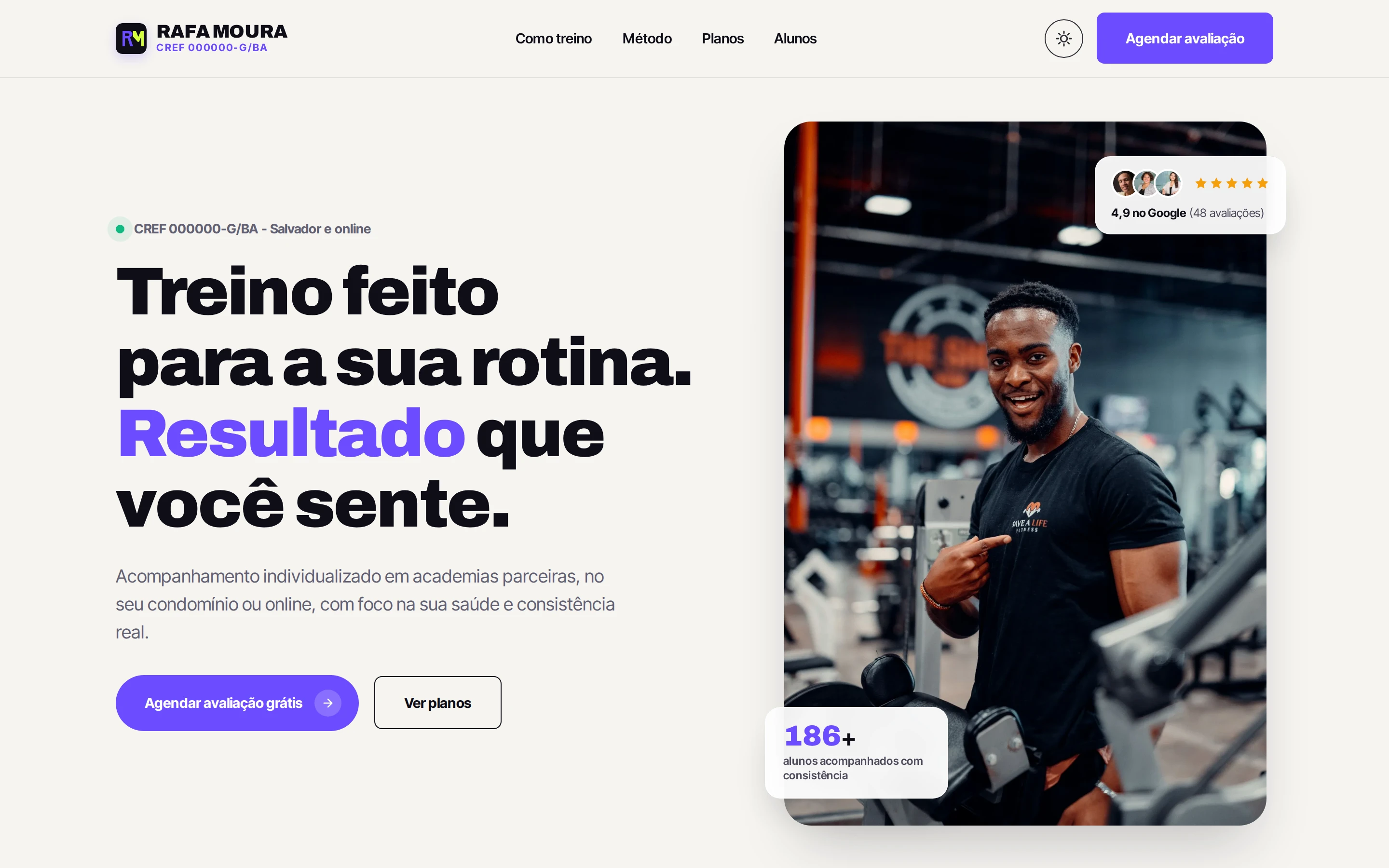 Página inicial do site de exemplo do personal trainer Rafa Moura
