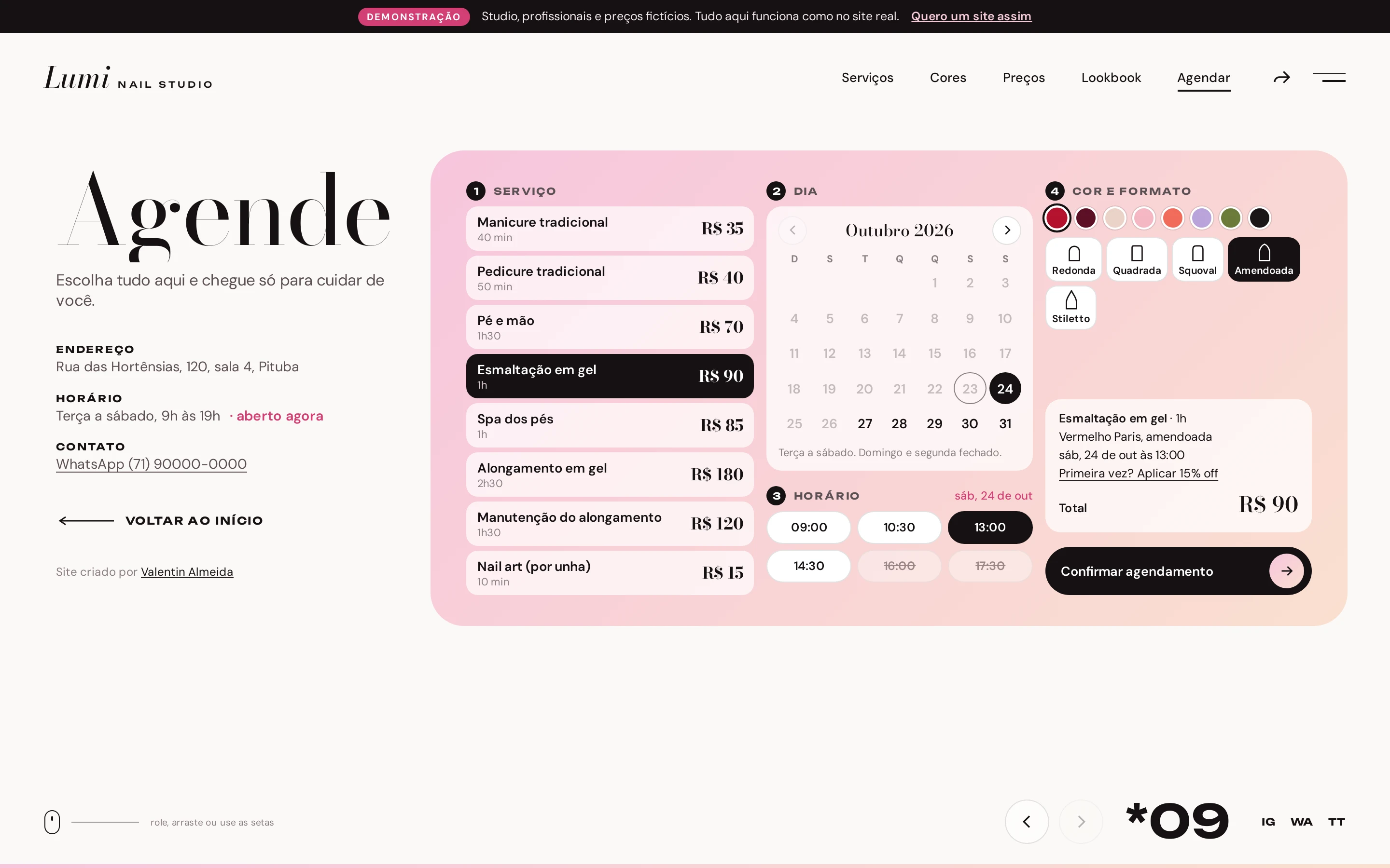Agendamento do site de exemplo com serviço, calendário, horário, cor e resumo
