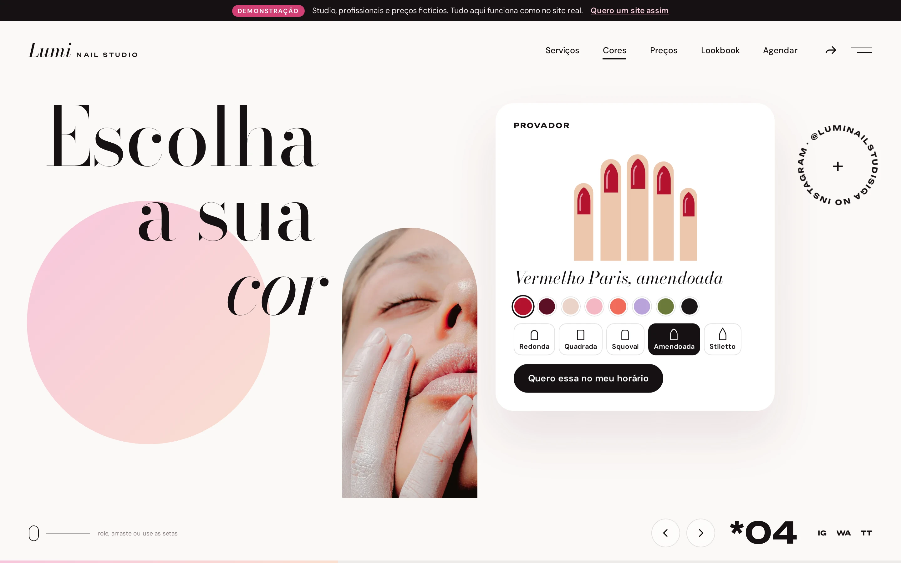 Provador de cor do site de exemplo, com unhas que mudam de cor e formato